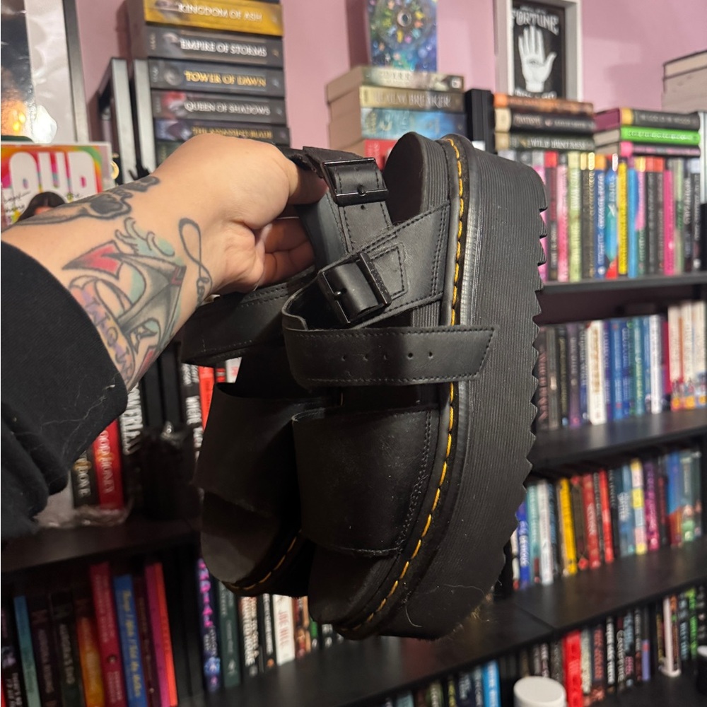 Dr. Martens Black Platform Sandals with Yellow Stitching